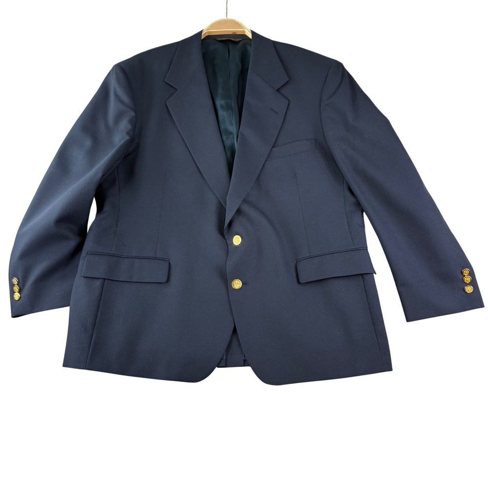 Vintage Botany 500 Navy Wool Blazer Mens 46S Made in USA Crest Brass Button Ivy